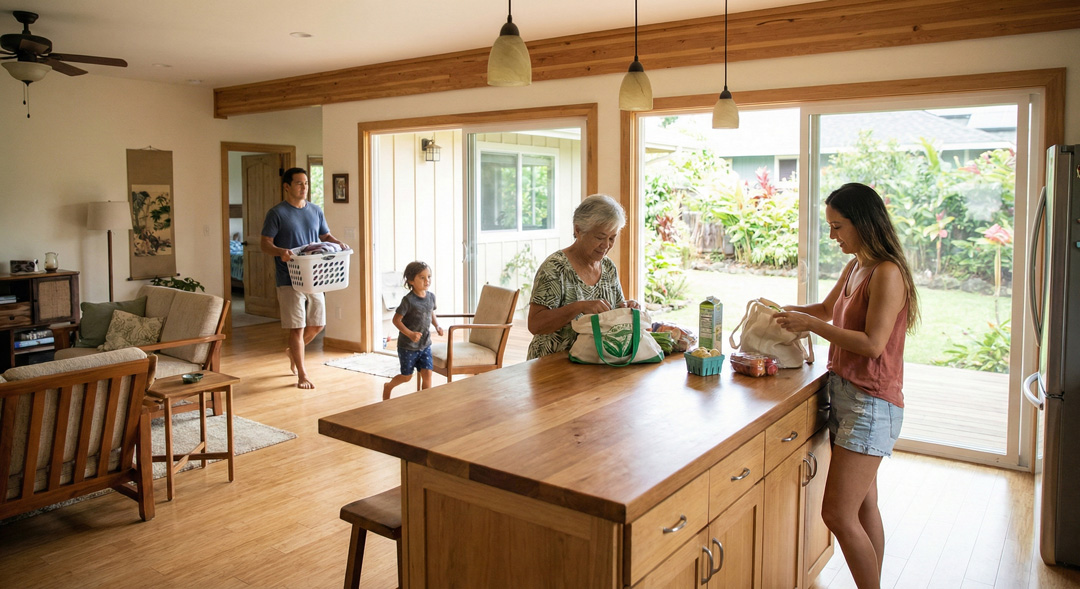 Daily household activity inside a Hawaii home showing how accessibility solutions support everyday tasks like carrying groceries between floors.