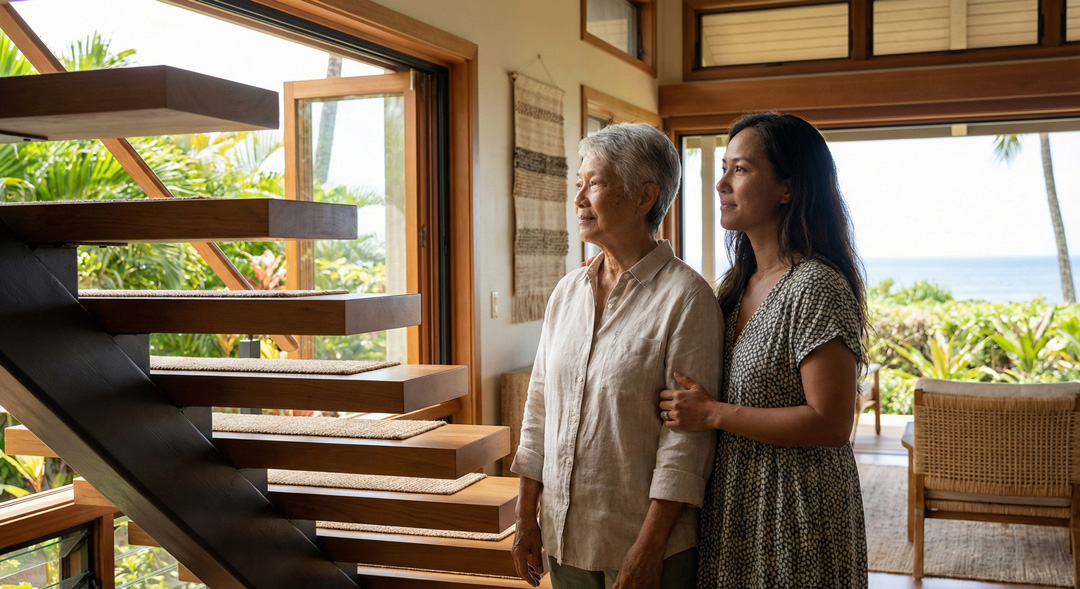 Multigenerational family in a Hawaii home standing near a staircase, representing thoughtful decisions about home accessibility and aging in place.