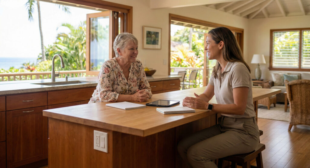 Occupational therapist conducting a home accessibility assessment with senior woman in Hawaii kitchen