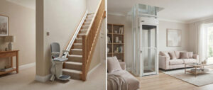 Residential stairlift compared to home lift elevator inside modern home