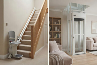 Residential stairlift compared to home lift elevator inside modern home