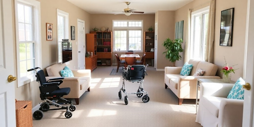 Bright living room arranged for accessibility with a walker and wheelchair, featuring wide open pathways and safe navigation space for mobility support at home