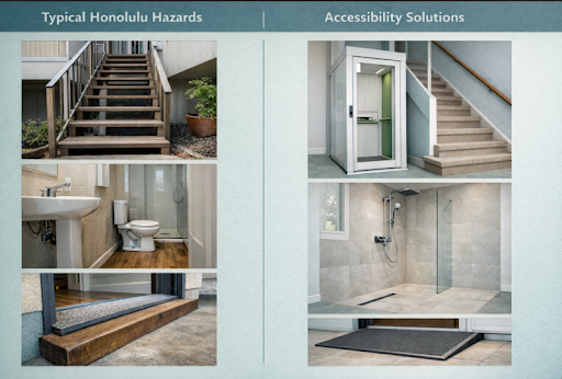 Comparison of typical Honolulu home hazards including stairs, small bathroom, and step entry alongside accessibility solutions such as home lift, walk-in shower, and ramp modifications