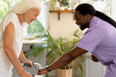 Occupational therapist assisting an elderly woman using a walker in a bright home environment, demonstrating safe mobility support for aging in place