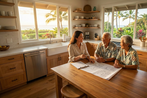 Family meeting with contractor reviewing home modification plans at a table, discussing accessibility upgrades for safe and functional living at home