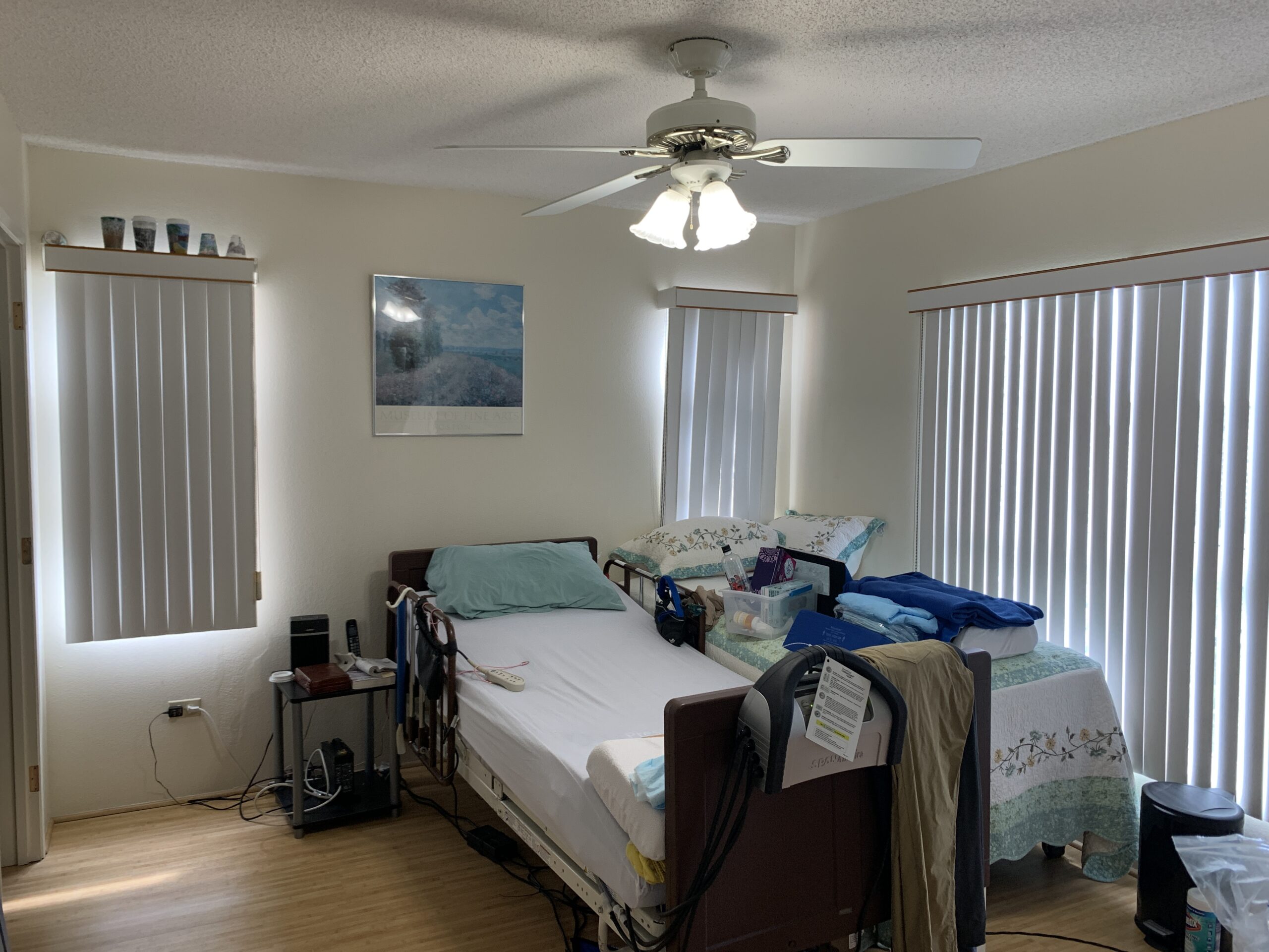 A freestanding overhead lift above the bed: before installation